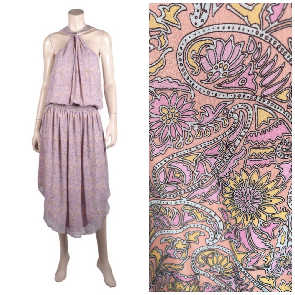 Ramy Brook Printed Kent Midi Dress Size Small Pink Pastel Paisley Chiffon $485